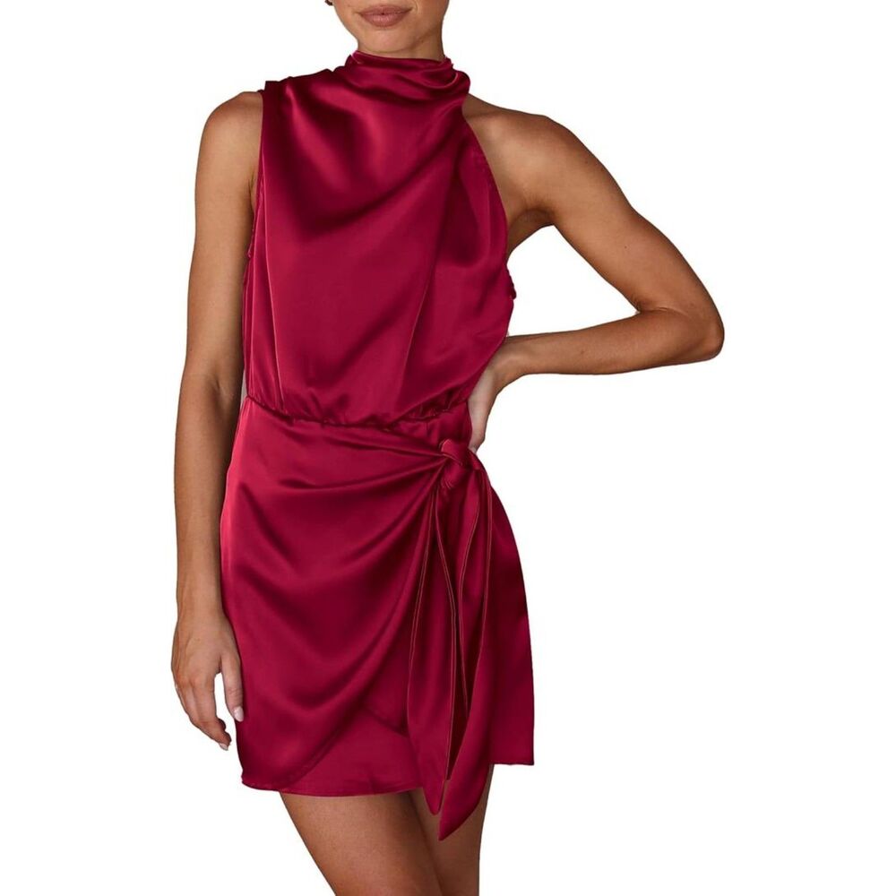 Brand New PrettyGarden Red Satin Mock-Neck Tie-Waist Cocktail Mini Dress